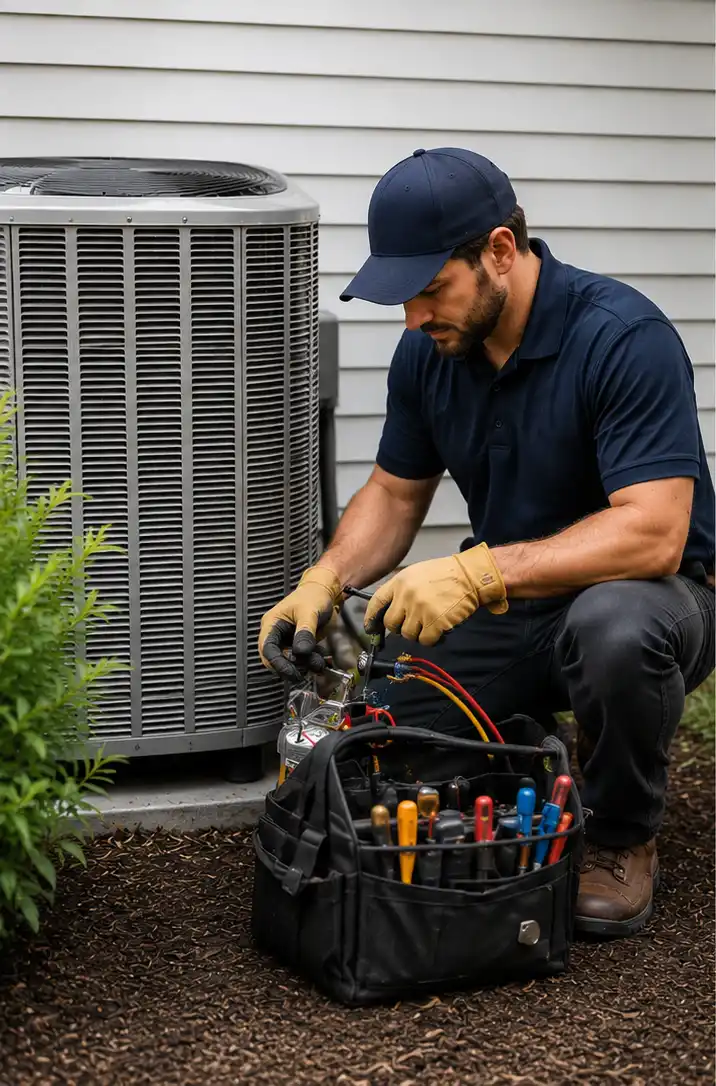 An HVAC technician performing maintenance on an outdoor A/C condenser unit