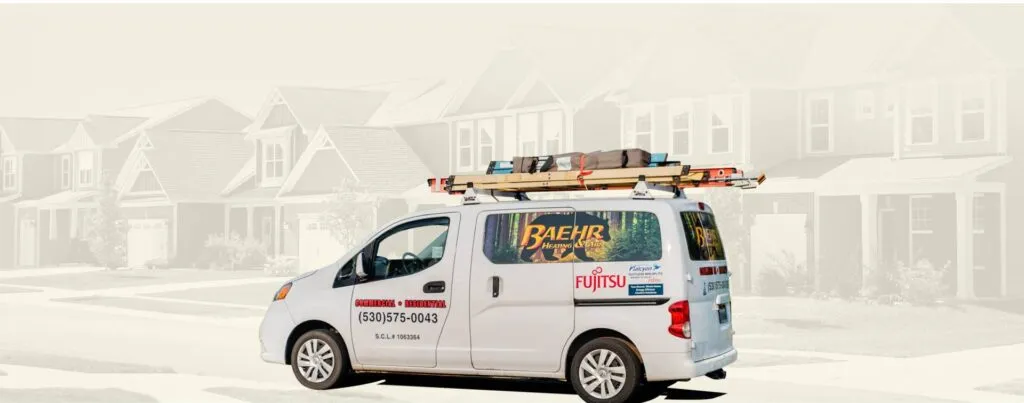 The Baehr Heating And Air service van, ladder racked and ready, parked in a Nevada County neighborhood