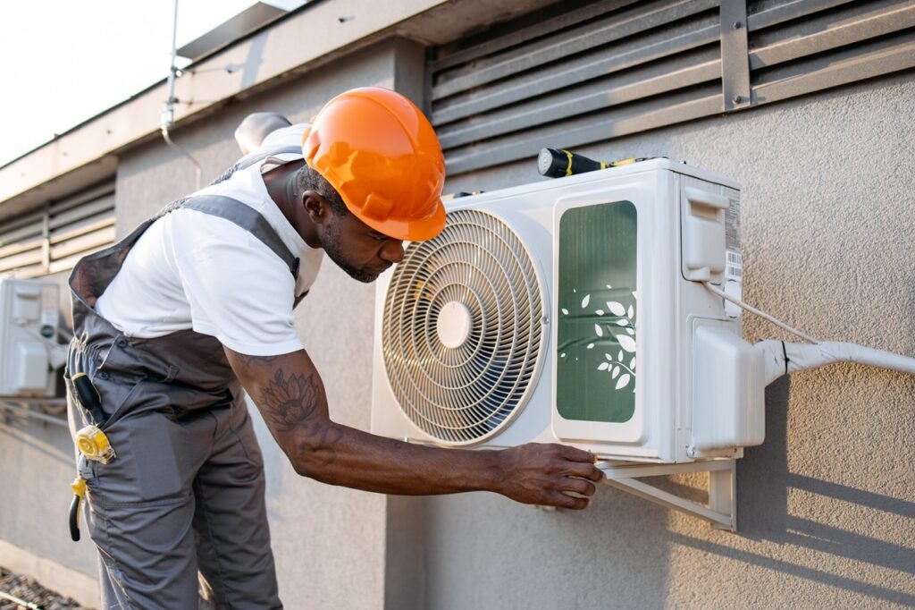 HVAC Services in Penn Valley, CA 1 A man in overalls and a hard hat repairs an air conditioner.