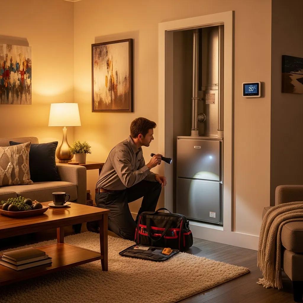 Modern furnace installation in a cozy living room, highlighting home comfort and heating solutions