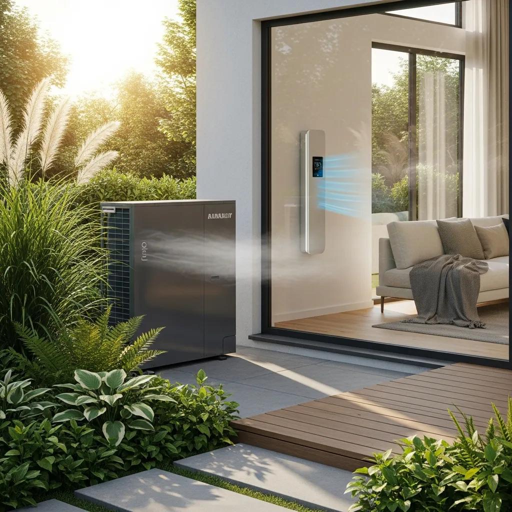 HVAC Blog 1 Modern heat pump system in a stylish home, highlighting energy efficiency and sustainability